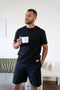 Men summer pajama set Black Buttoned Tee + Black Short